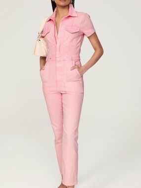 Good American Pink Short-Sleeve Denim Jumpsuit